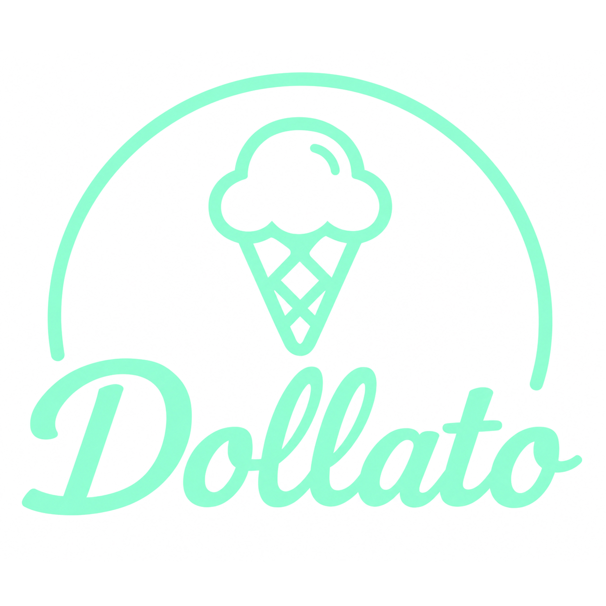 Logo: Dollato. Schriftzug in Türkis mit einem Eis in der Waffel.